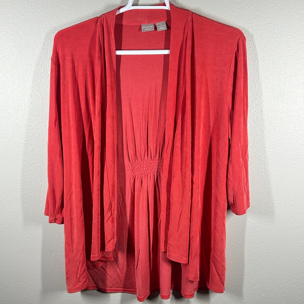 Chico's Travelers Coral Red Open Front Cardigan 3/4 Sleeve Size 3 XL 16/18